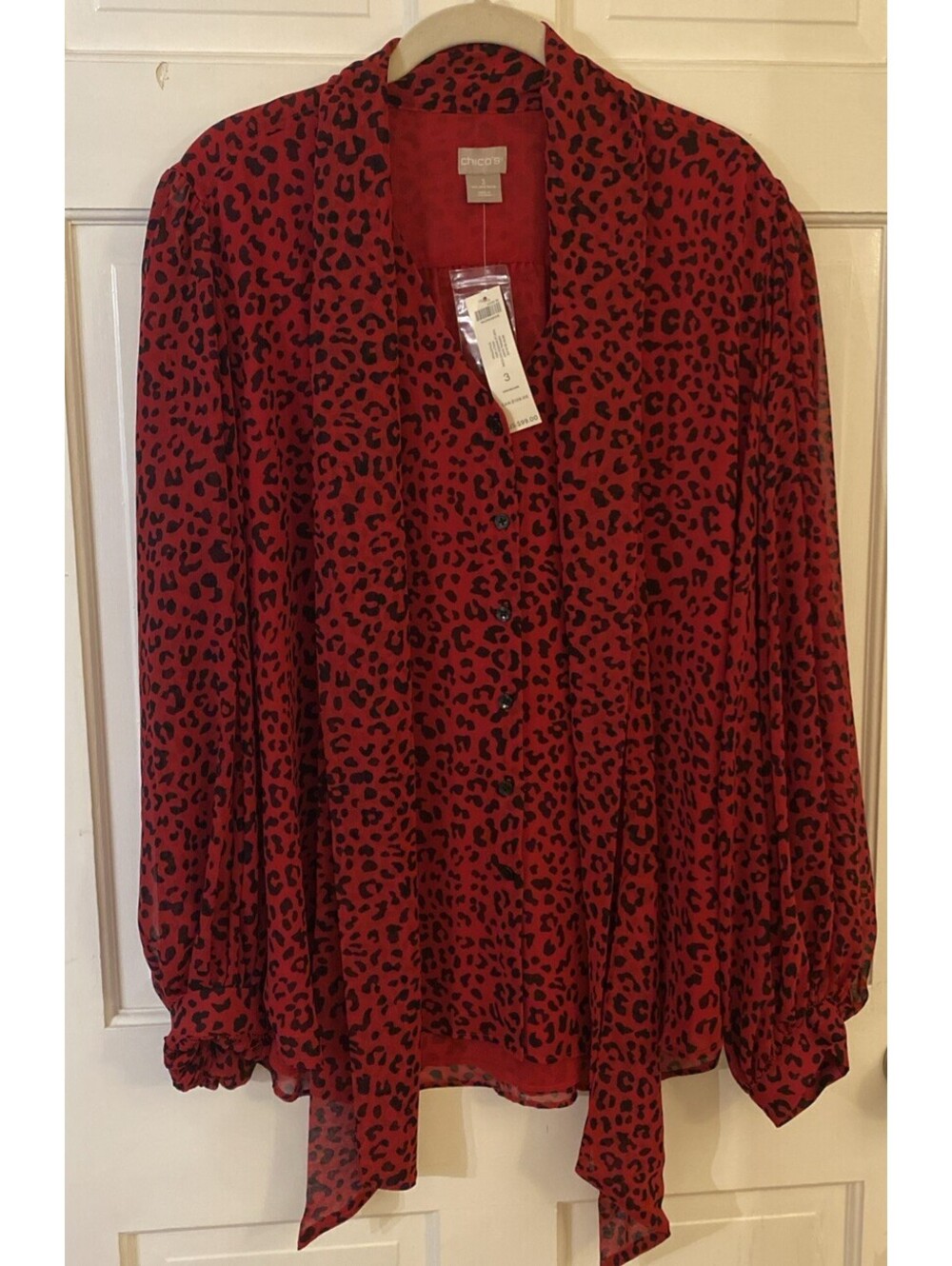 Chicos Red Leopard Print Tie-Neck Blouse Long Sleeve Womens Size 3 Lined